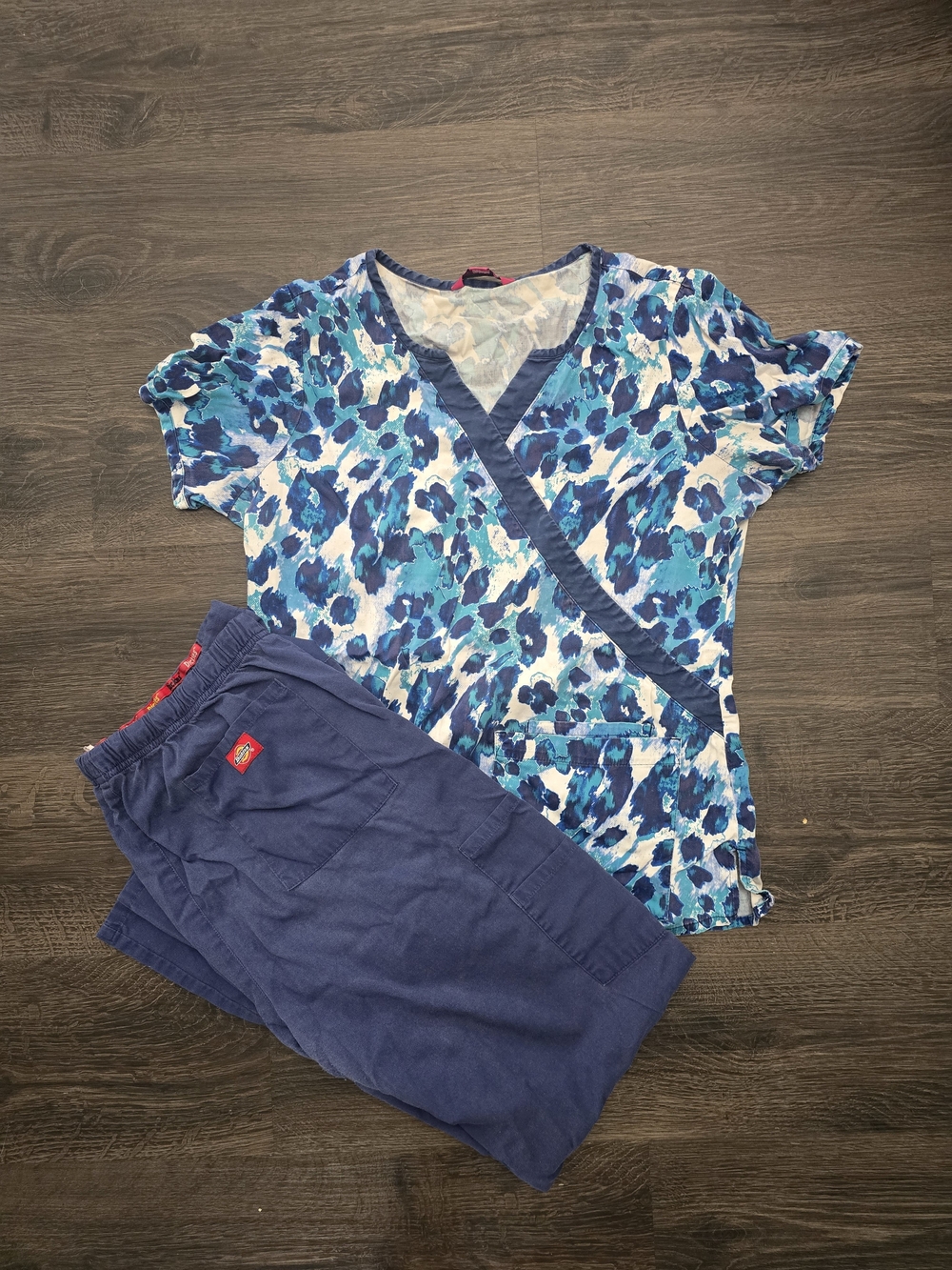 Blue Floral Wrap Scrub Set